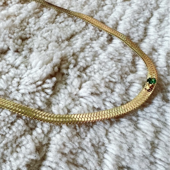 Snake Herringbone Green Gold Chain Emerald Birthstone Gem Choker Necklace Cuban - Picture 2 of 7